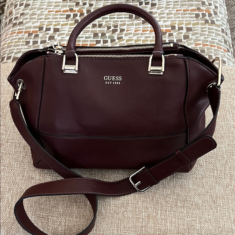 Guess 1981 Deep Burgundy Satchel Adjustable Strap W/ Bag Charm
